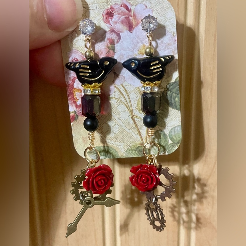 Elegant ‘Lenore’ Raven & Red Rose Earrings